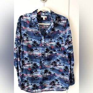 J.Crew Tropical Palm Print Cotton Popover Shirt Blue Pink Size 8 🌴